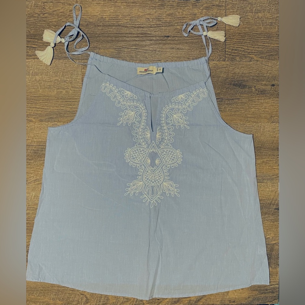 VINEYARD VINES~Womans 10~Tassel Tie Top Embroidered~BAYSIDE BLUE~Babydoll